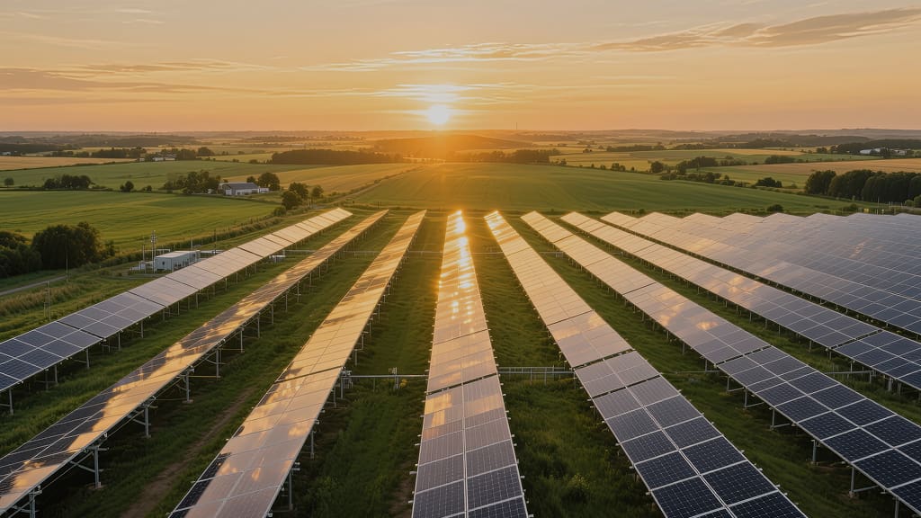 Farmland in California with solar at sunset